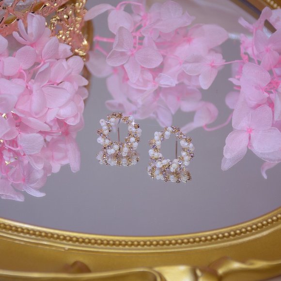 NEW 14K Gold Plated Diamond Bead Circle Stud Earrings - Picture 4 of 5